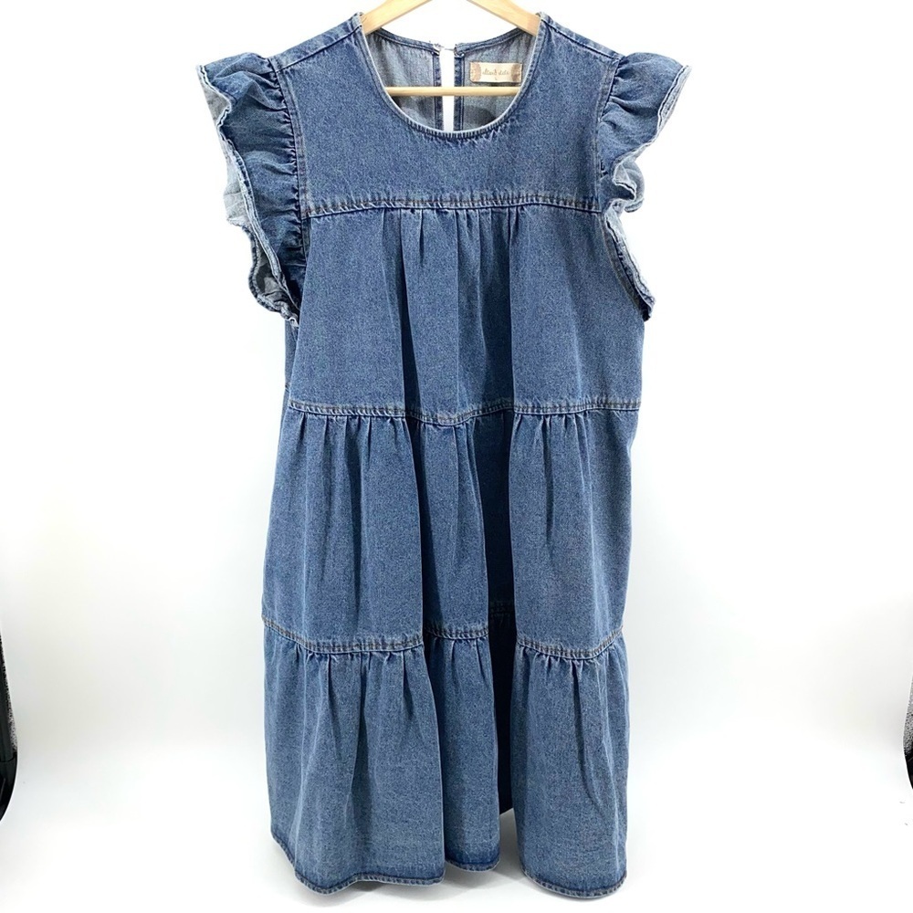Altar'd State Blue Denim Tiered Ruffle-Sleeve Dress